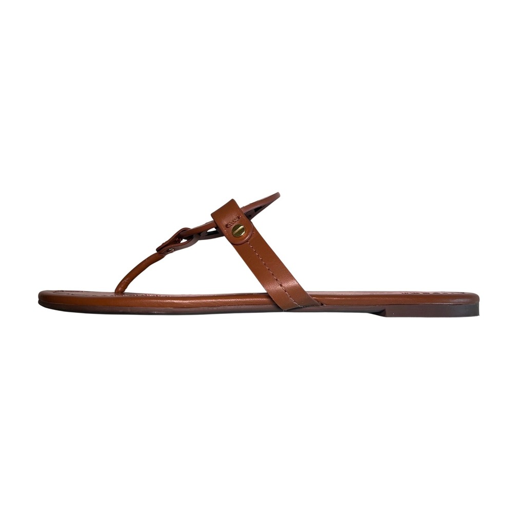 Tory Burch Miller Cloud Tan Leather Thong Sandals Gold Logo 8.5 14020 - Picture 1 of 7
